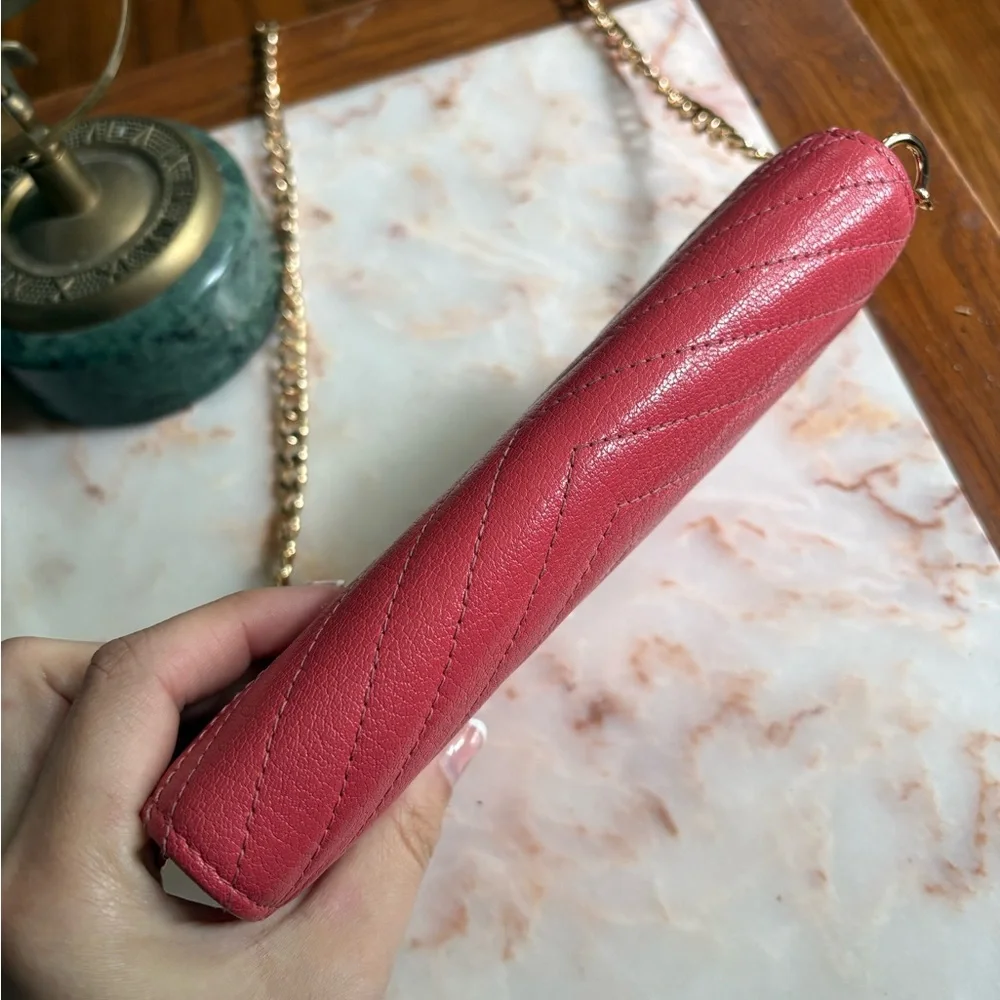 Chanel Pink and Gold Quilted Chevron Wallet with Added Chain
